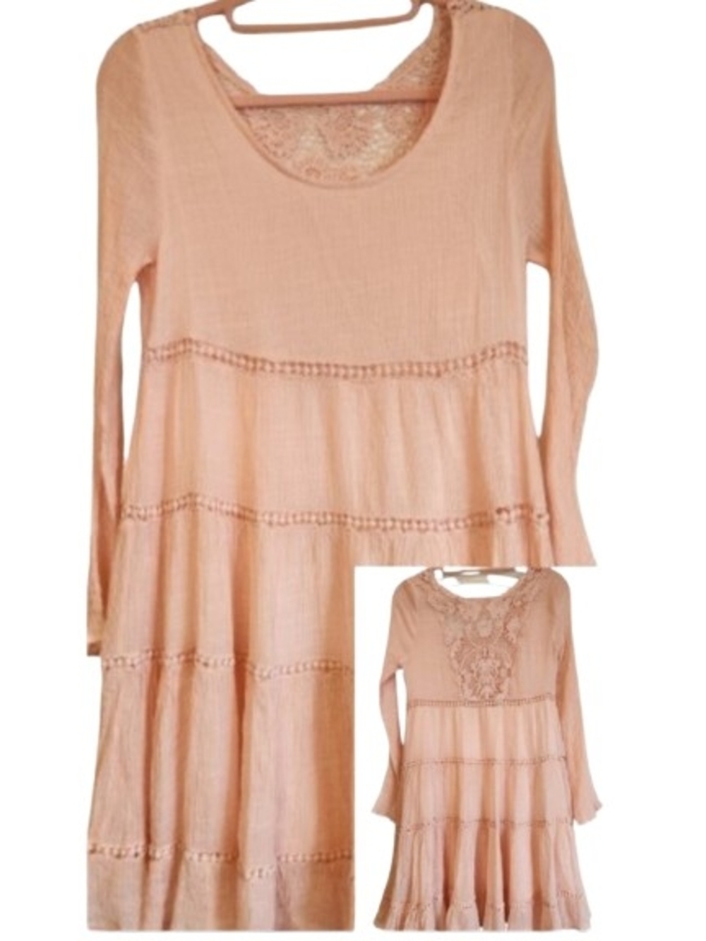 Andree By Unit Peach Gauze Tiered Dress Size L Crochet Back/Trim Lined Bohemian